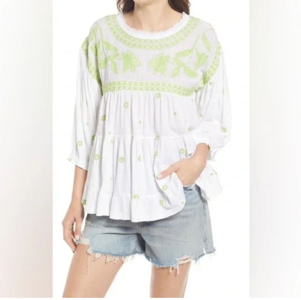 NWT Free People Edie Embroidered Oversized White Green Beaded Peasant Top